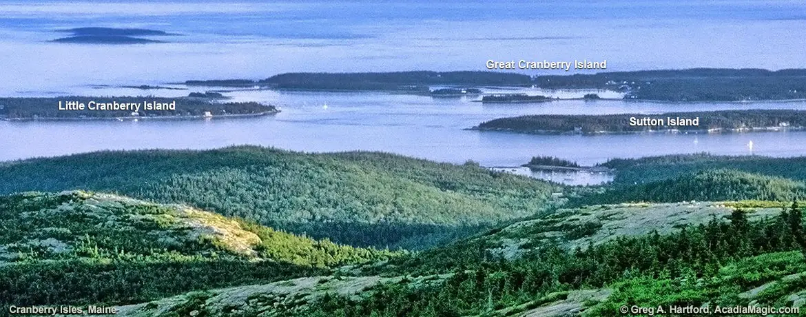 This shows three of the five Cranberry Isles in Maine.