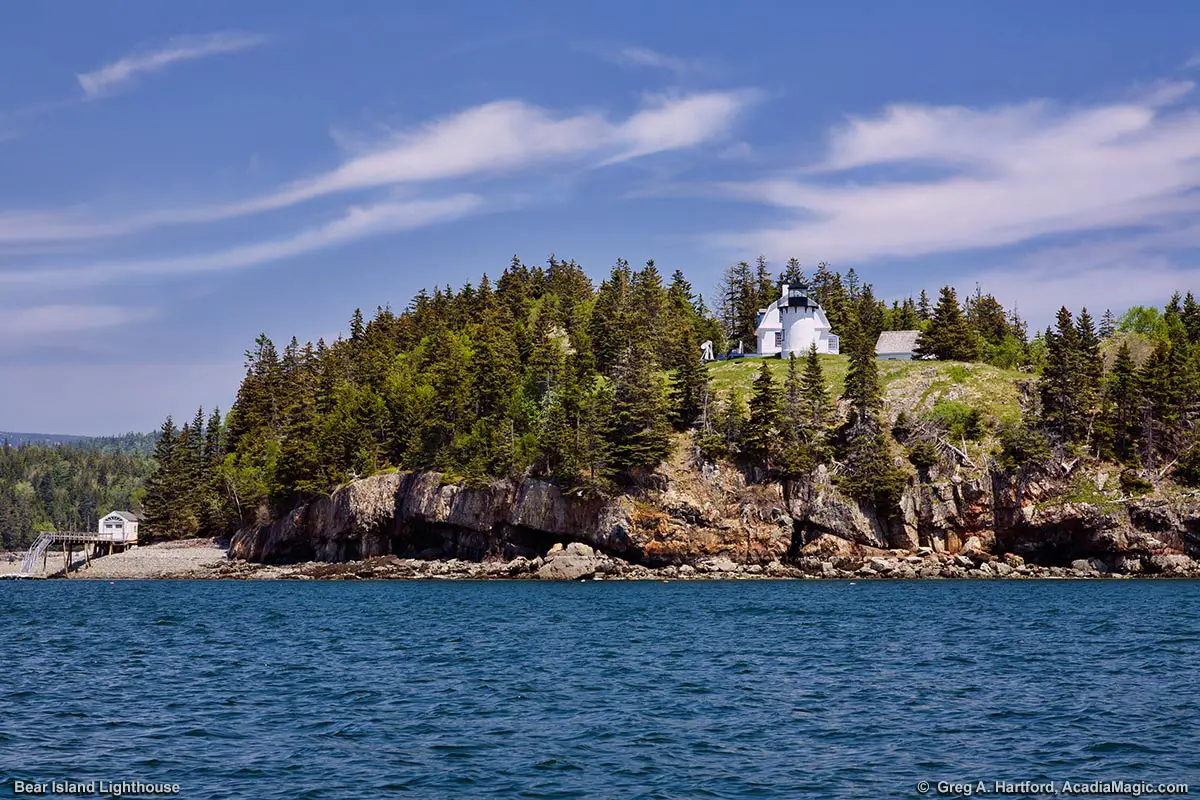 This shows the Bear Island Lighthouse in Maine which is on Acadia National Park land but is privately leased and not open to the public.