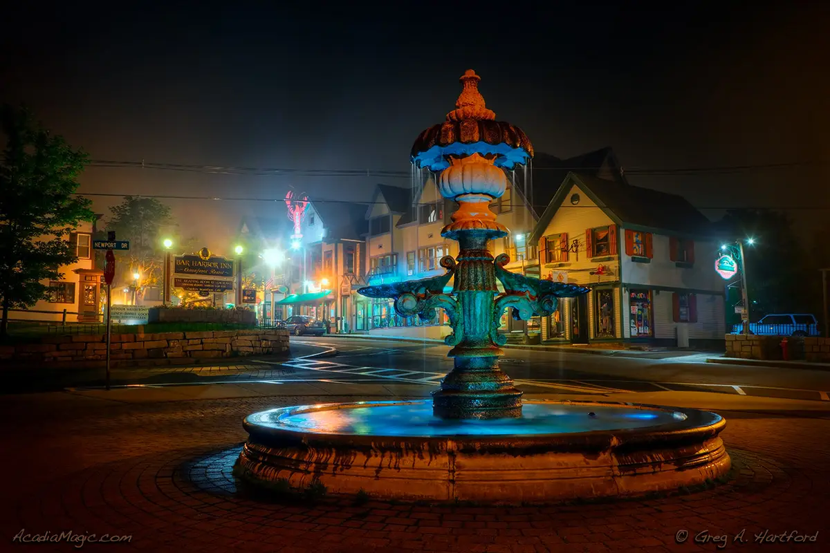 Bar Harbor, Maine water fountain during late night fog