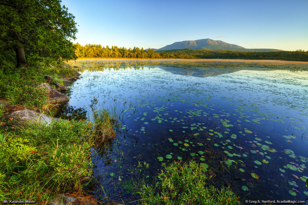 Mount Katahdin, Maine during early September with lily pads on Compass Pond