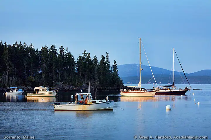 Boats at sunrise in Sorrento, Maine