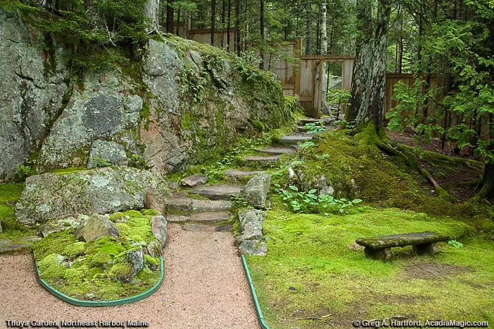 View of path and door leading to the Eliot Mountain Hiking Trail in Acadia National Park