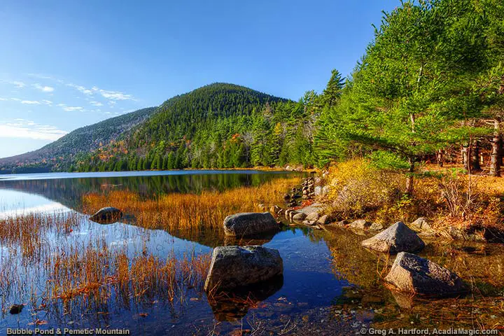 Northern end of Bubble Pond in Acadia National Park with view of Pemetic Mountain