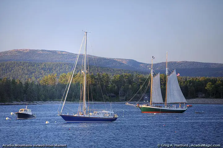yachts in harbor in front of Cadillac Mountain in Acadia