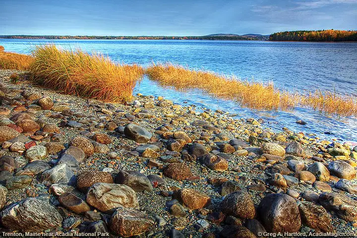Shoreline of Trenton, Maine during autumn season