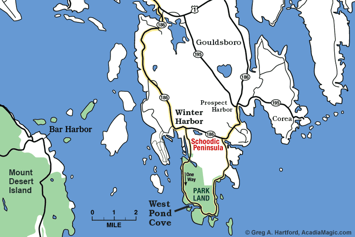 Location map of West Pond Cove in Acadia National Park