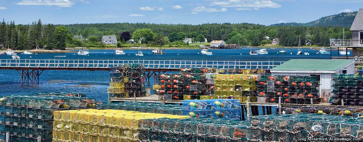 Lobster traps on Bass Harbor docks in Tremont, Maine
