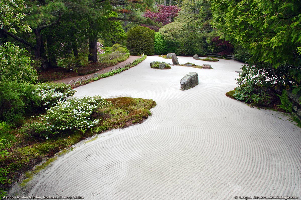 Japanese Styled Garden with fluid lines of sand representing waves