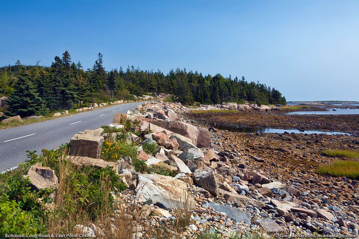 East Pond Cove roadside with quarried granite and rocky shore