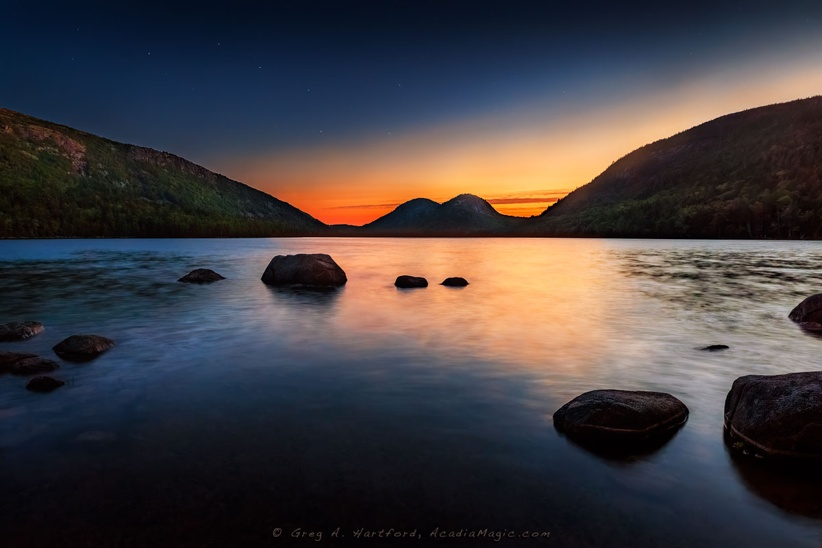 Jordan Pond and North and South Bubble Mountains in Acadia National Park at 3:51 AM