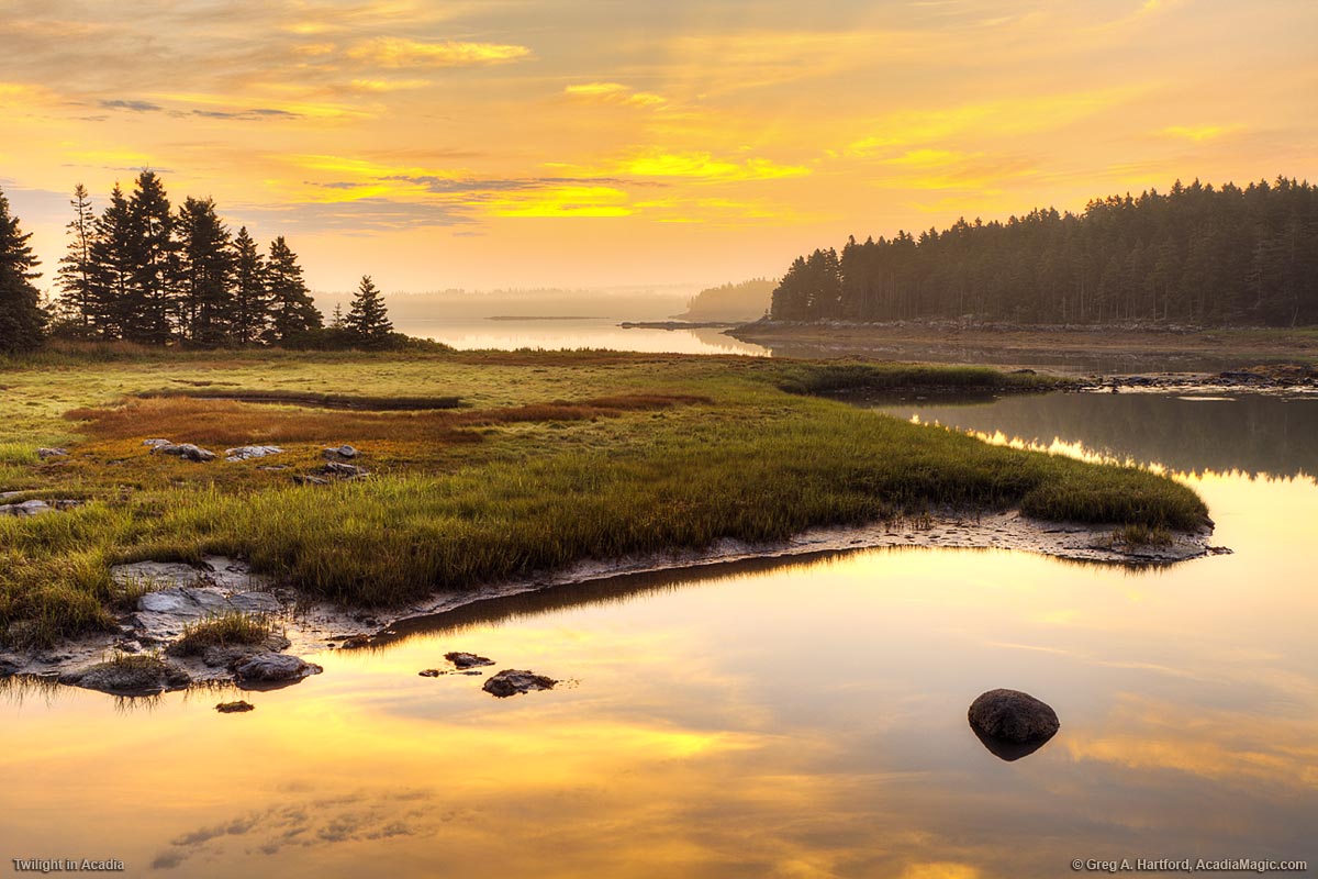 A calm twilight morning in Trenton, Maine, in Acadia National Park