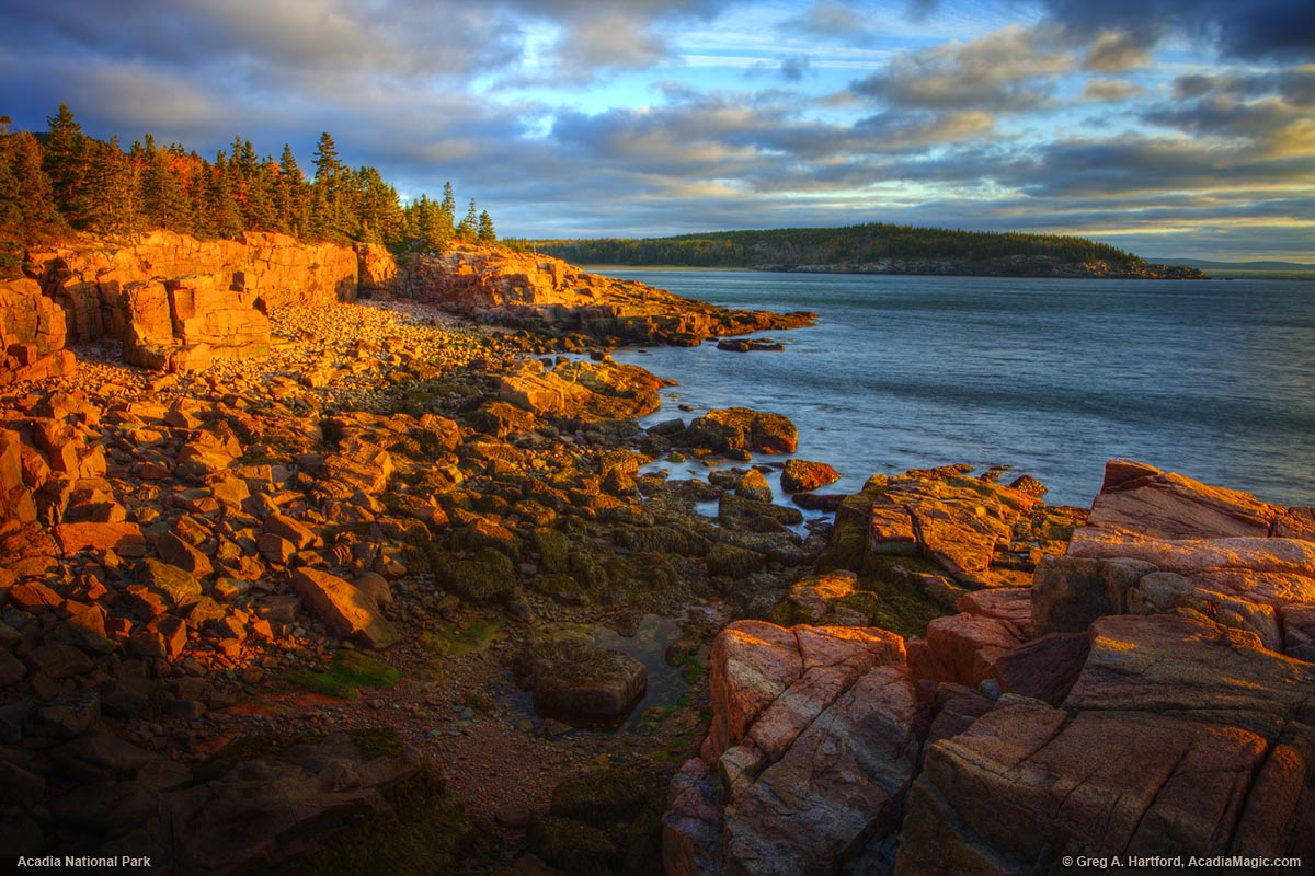 Sunrise sets the granite in Acadia National Park aglow.