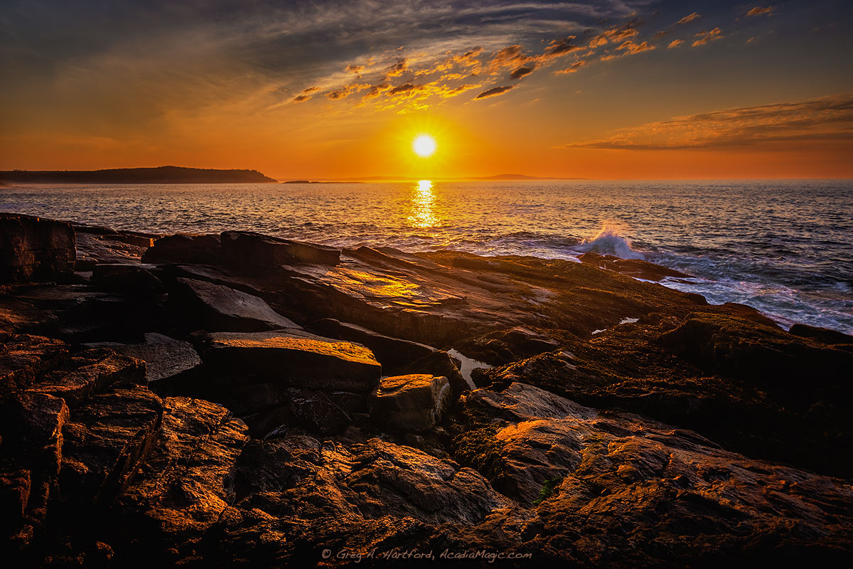 Gorgeous golden June surise in Acadia National Park, Maine