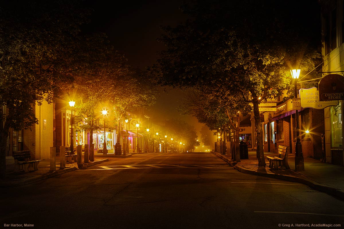 A foggy night on Main Street in Bar Harbor, Maine
