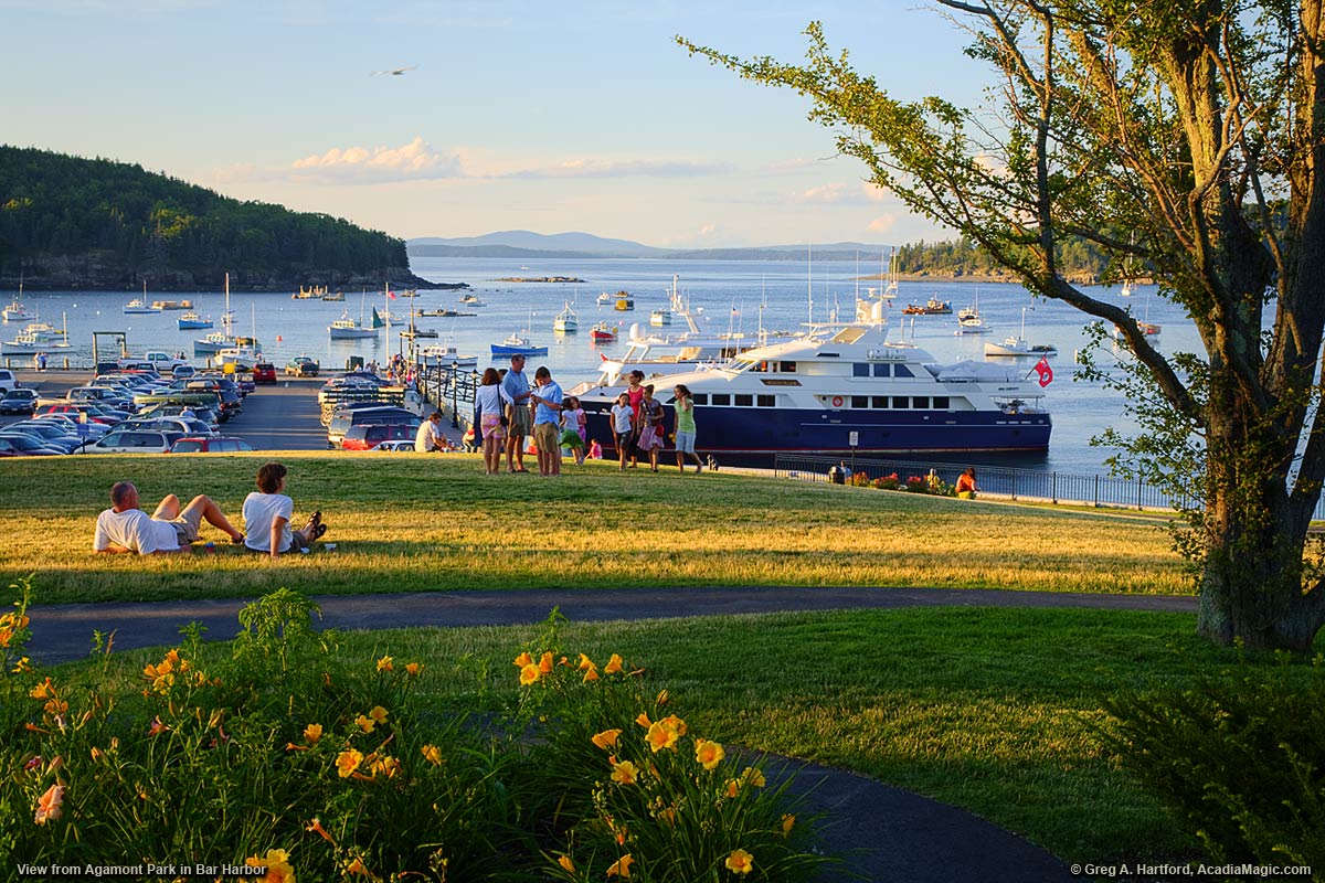 A view of the public pier and oceam from Agamont Park in Bar Harbor, Maine