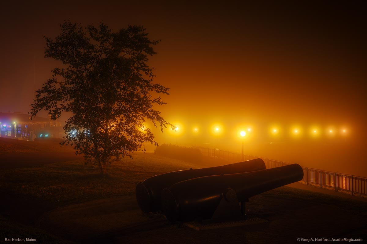 Thick fog next to Shore Path and cannons in Bar Harbor