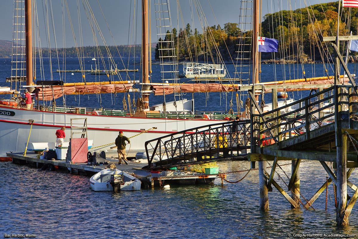 The Windjammer Margaret Todd sits at a dock in Bar Harbor, Maine.