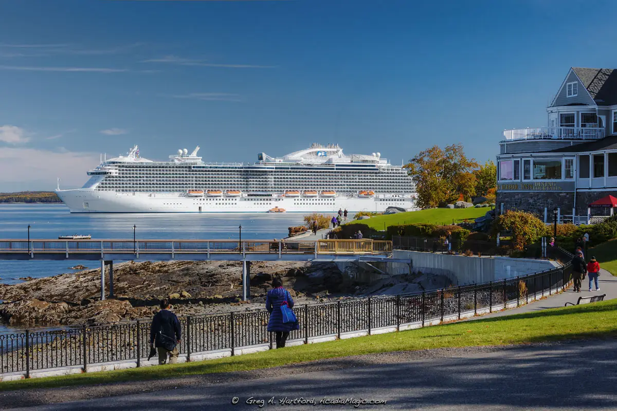 The Regal Princess Cruise Ship visited Bar Harbor, Maine, as seen here near the Bar Harbor Shore Path.