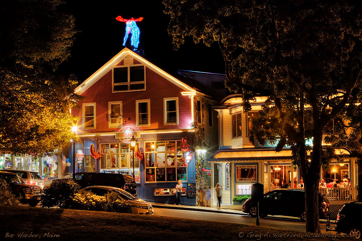 View of Geddy's from Agamont Park in Bar Harbor, Maine at night