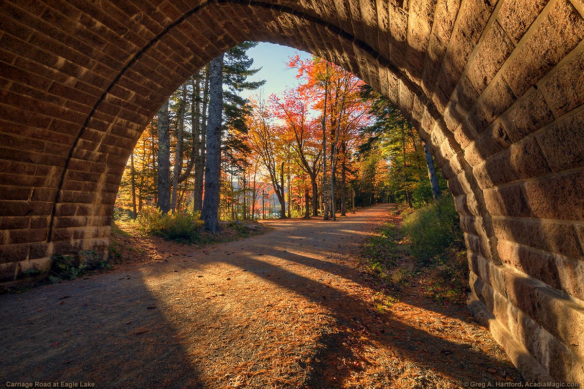 Autumn colors seen from under the Carriage Road Bridge at Eagle Lake