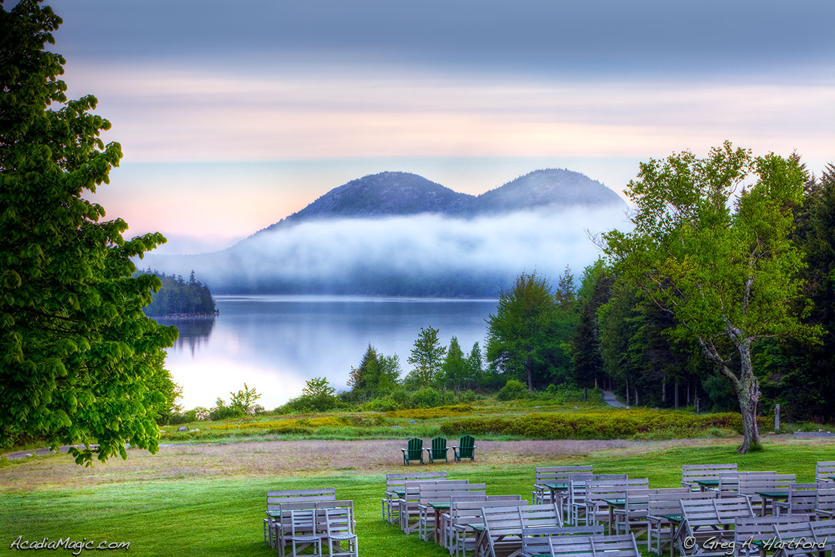View of Jordan Pond from Jordan Pond Restaurant in Acadia National Park, Maine