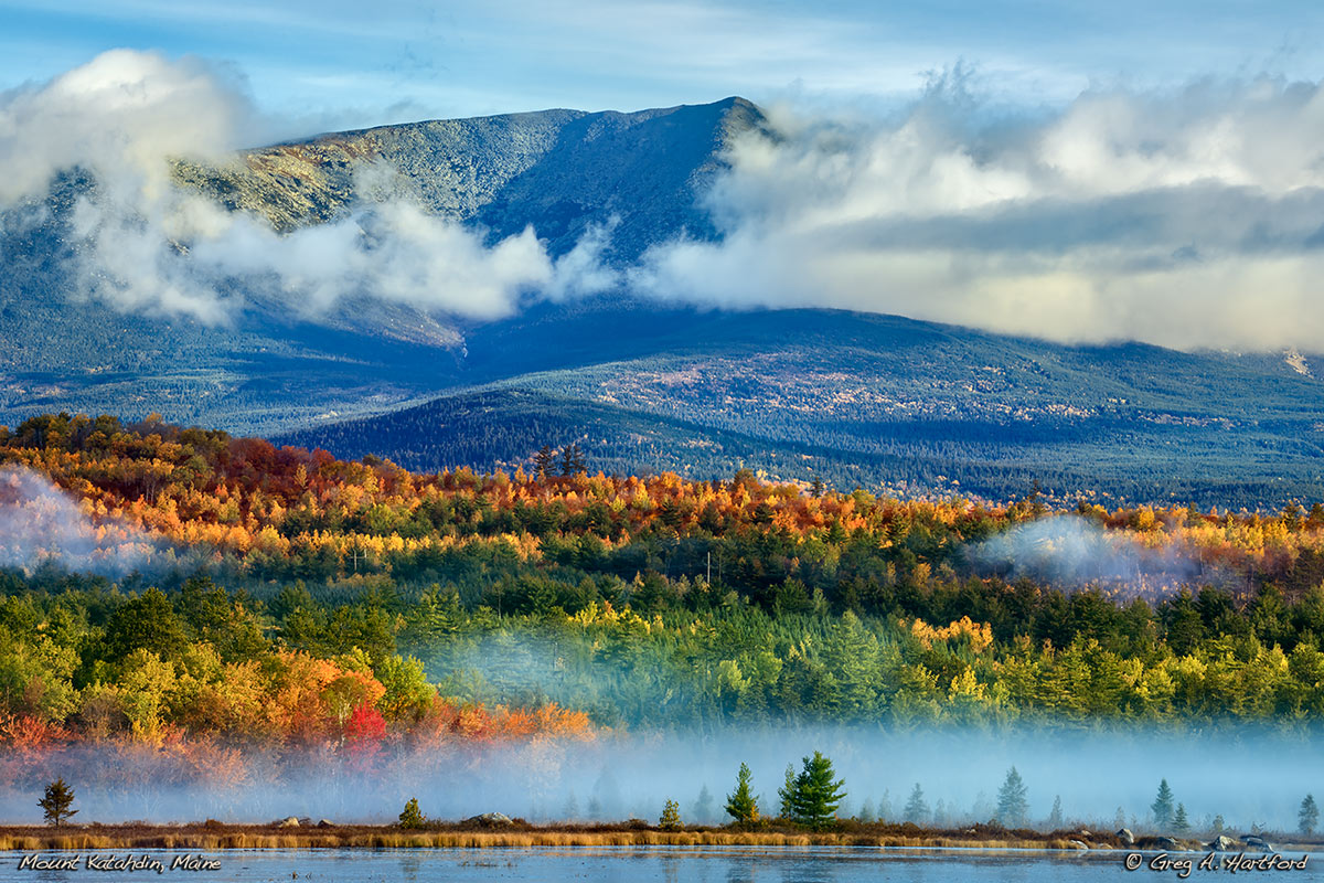 This glorious vew of Mount katahdin wearing its Autumn attire is from the shore of Compass Pond next to the Golden Road.