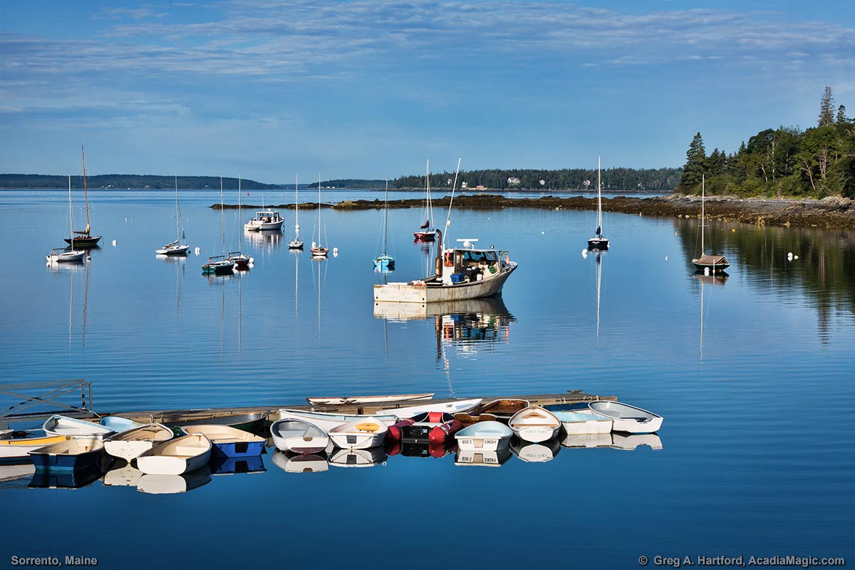 This shows boats in the harbor in Sorrento, Maine.