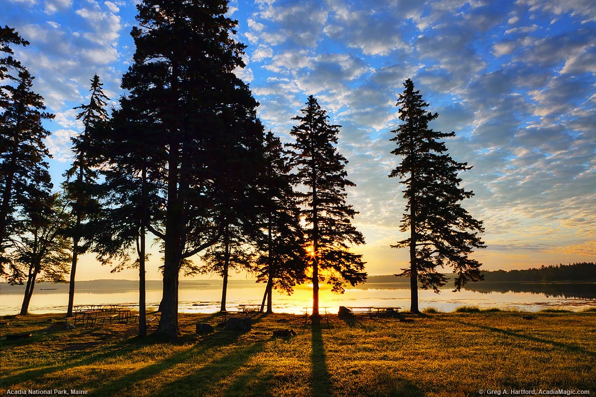 Sunrise on Thompson island in Trenton, Maine, part of Acadia National Park