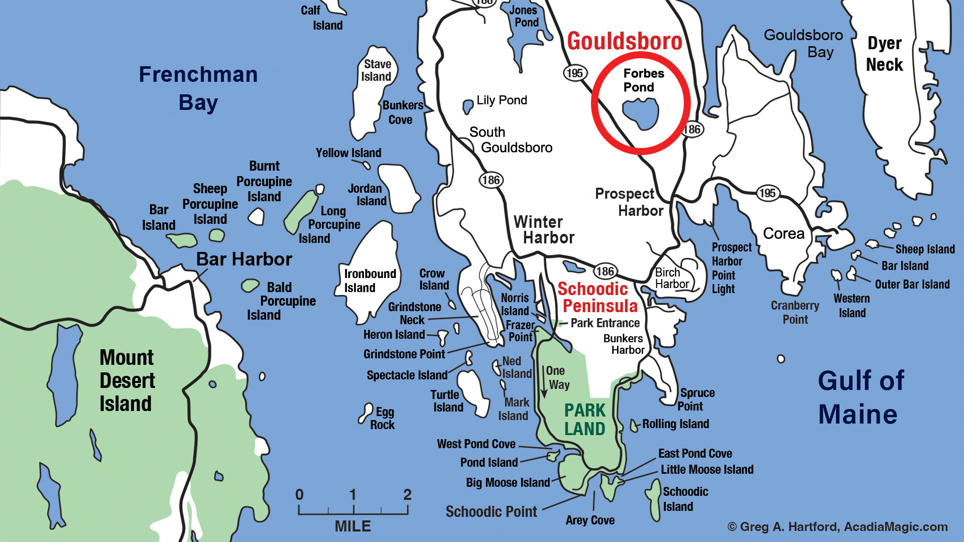 Schoodic area showing Gouldsboro, Maine and location of Forbes Pond