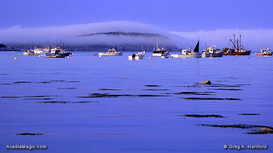 Late afternoon fog over Bar Island with Bar Harbor lobster boats