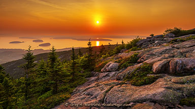 Golden Cadillac Mountain Sunrise over Bar Harbor, Maine with view of Porcupine Islands
