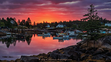 Reds twilight skies in the fishing village of Corea, Maine