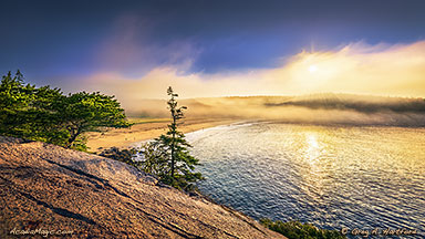 View of Sand Beach from the Ocean Path during a foggy morning in Acadia National Park, Maine