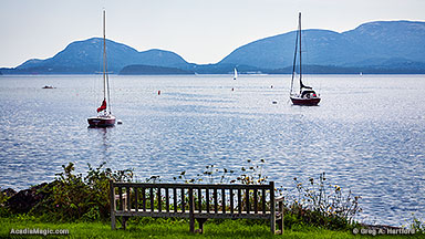 Sorrento, Maine view of yachts in ocean with Mount Desert Island in the background