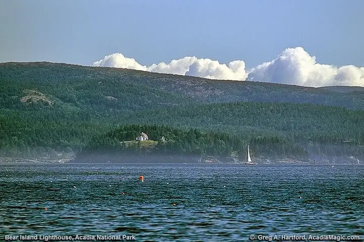 View of Bear Island and mountains on Mount Desert Island, Maine