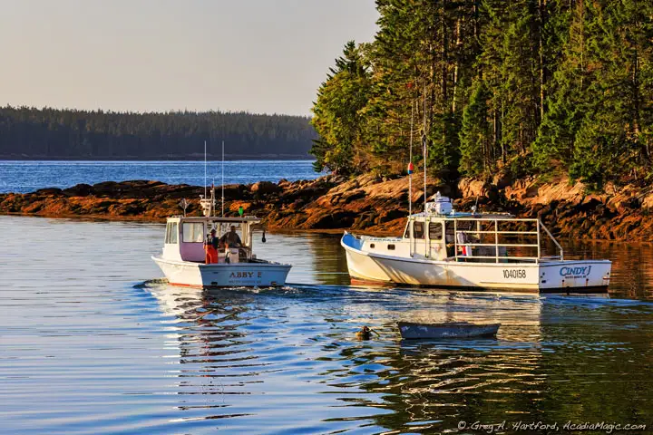 Lobster boat leaving harbor in Winter Harbor, Maine