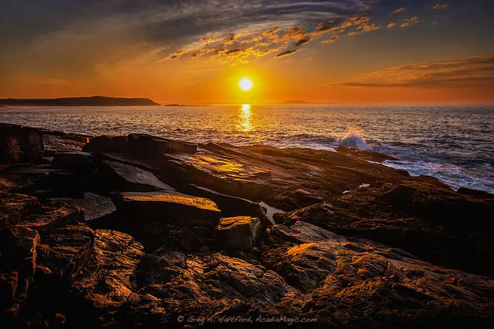 Golden sunrise in Acadia National Park, Maine