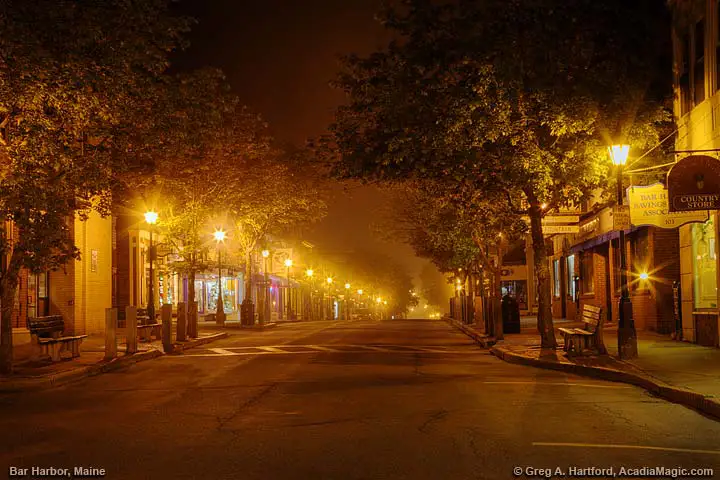 Late night fog on Main Street in Bar Harbor, Maine