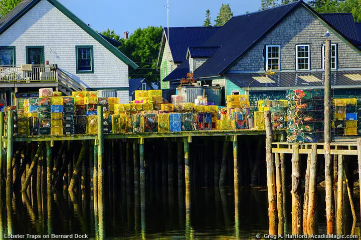 Lobster traps on dock in Bernard, Maine