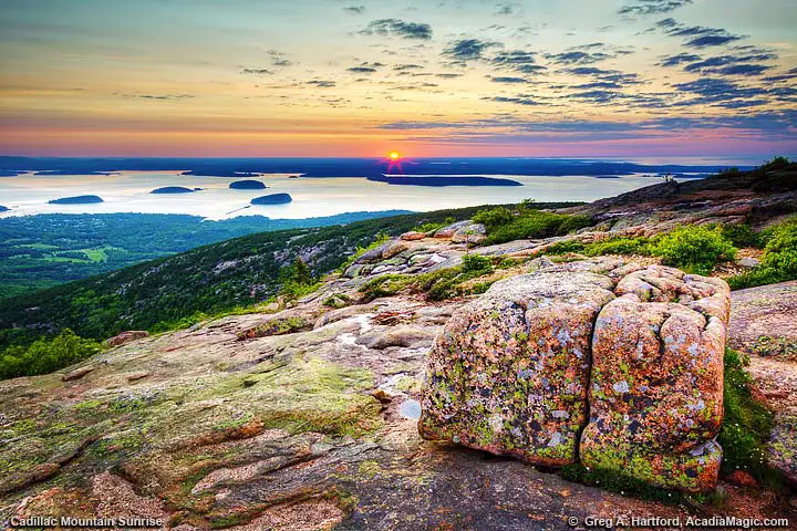 Sunrise over Schoodic Peninsula and Bar Harbor on Mount Desert Island, Maine