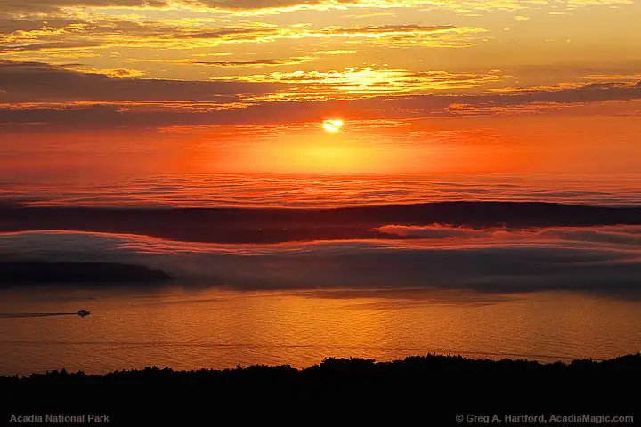 Sunrise and fog over Acadia National Park at Schoodic Peninsula