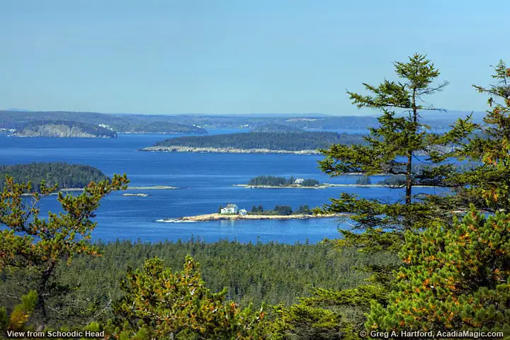 Western view of islands and lighthouse from Schoodic Head