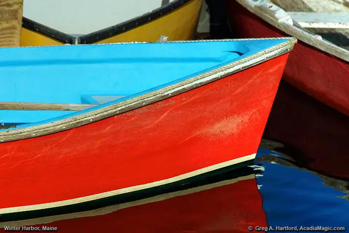 Close-up of red and blue dinghy