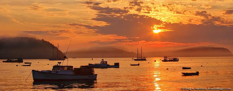 Sunrise with lobster boats in Bar Harbor and Acadia