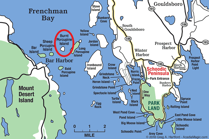Location map of Burnt Porcupine Island in Gouldsboro, Maine