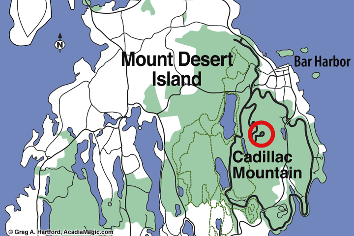 Location of Cadillac Mountain in Acadia National Park