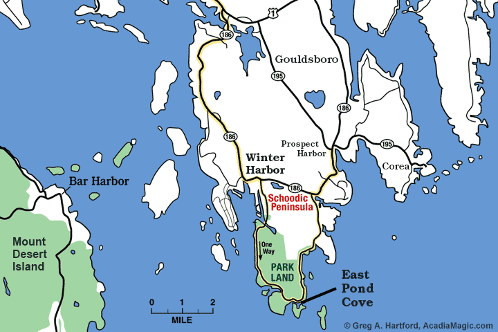 Location map of East Pond Cove in Acadia National Park