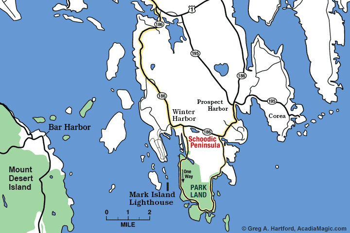 Location map of Mark Island Lighthouse in Winter Harbor, Maine