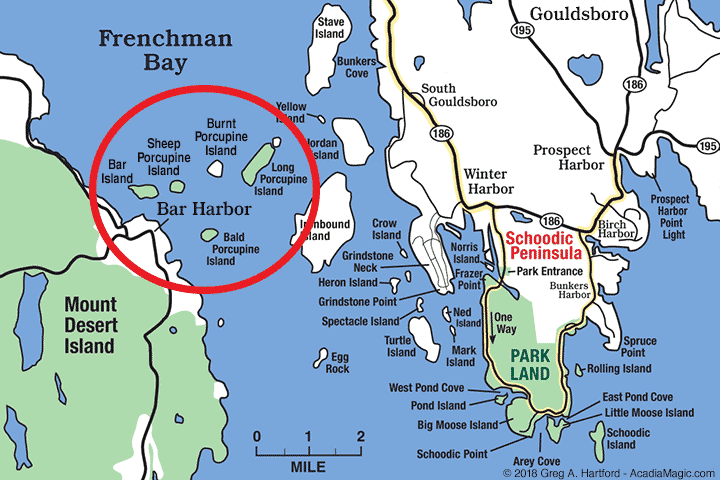 Location map of Burnt Porcupine Island in Gouldsboro, Maine